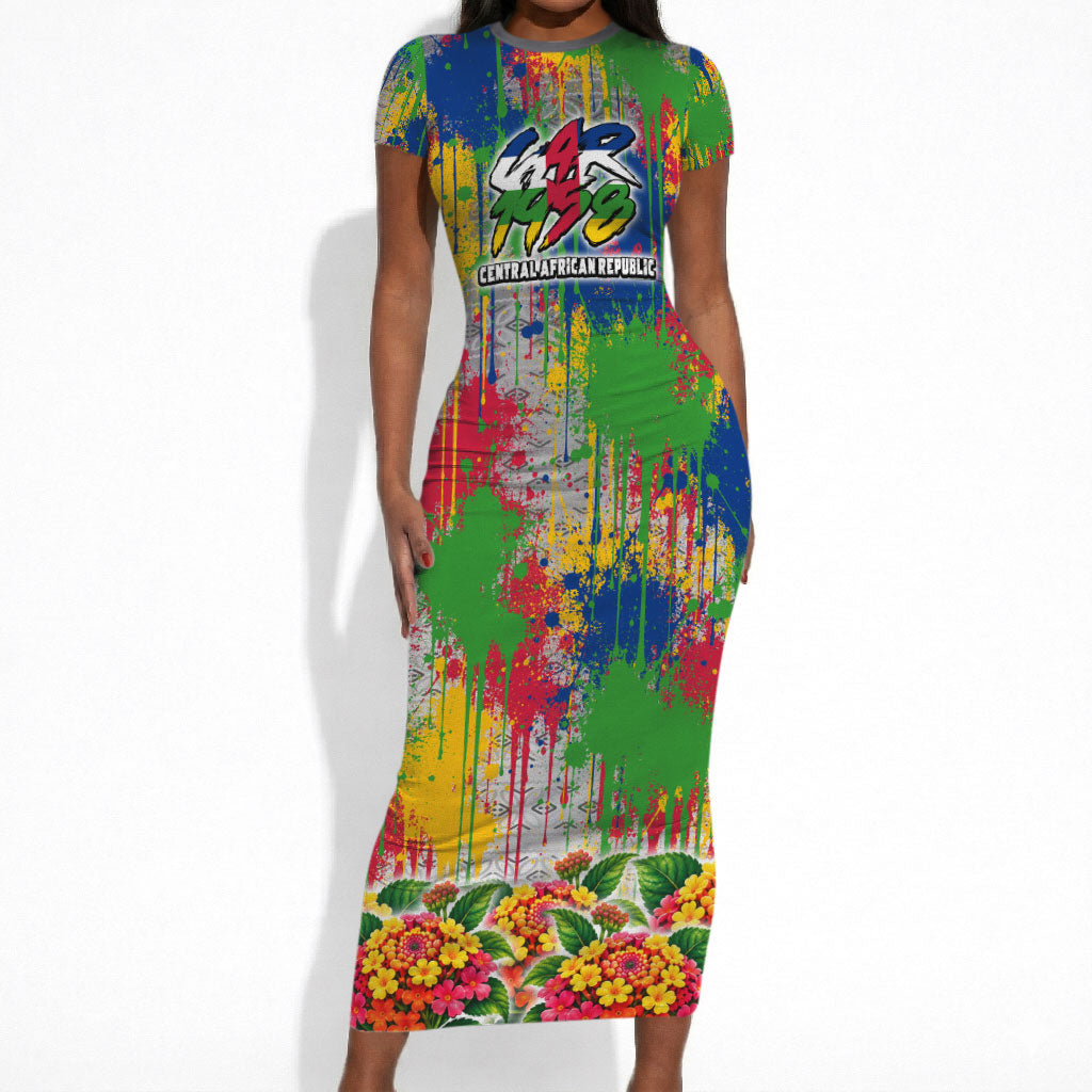 Central African Republic 1958 Short Sleeve Bodycon Dress Leopard Colorful Paint Splatter Patriotic Flag
