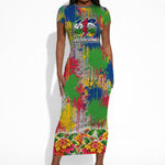 Central African Republic 1958 Short Sleeve Bodycon Dress Leopard Colorful Paint Splatter Patriotic Flag