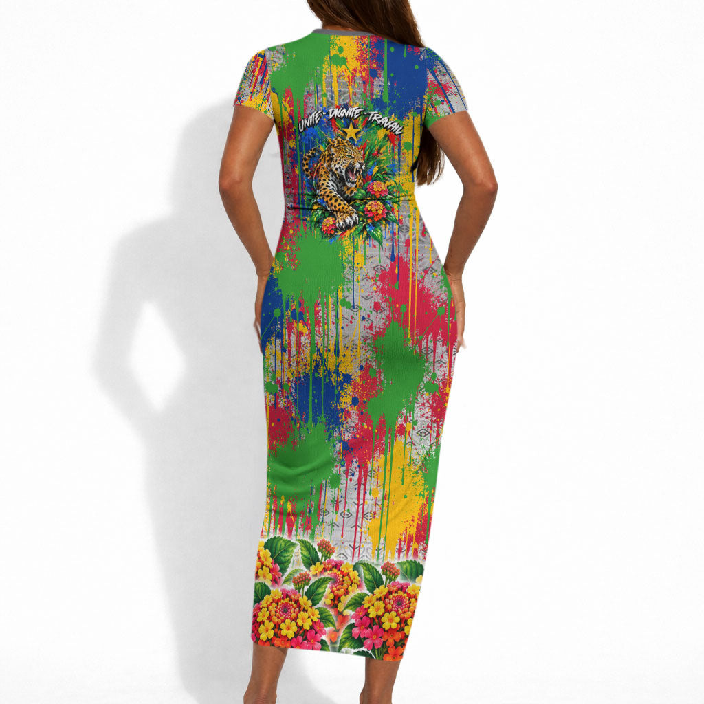 Central African Republic 1958 Short Sleeve Bodycon Dress Leopard Colorful Paint Splatter Patriotic Flag