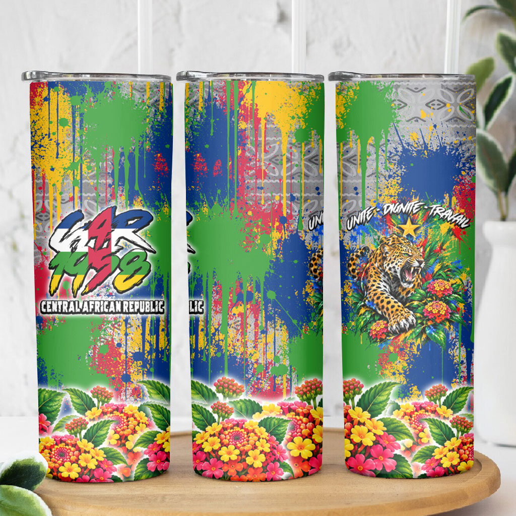 Central African Republic 1958 Skinny Tumbler Leopard Colorful Paint Splatter Patriotic Flag