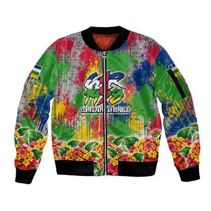 Central African Republic 1958 Sleeve Zip Bomber Jacket Leopard Colorful Paint Splatter Patriotic Flag