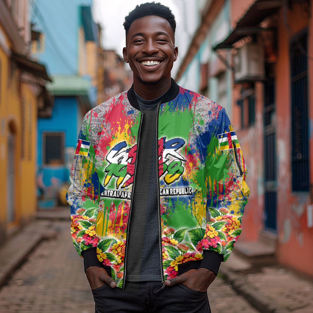 Central African Republic 1958 Sleeve Zip Bomber Jacket Leopard Colorful Paint Splatter Patriotic Flag