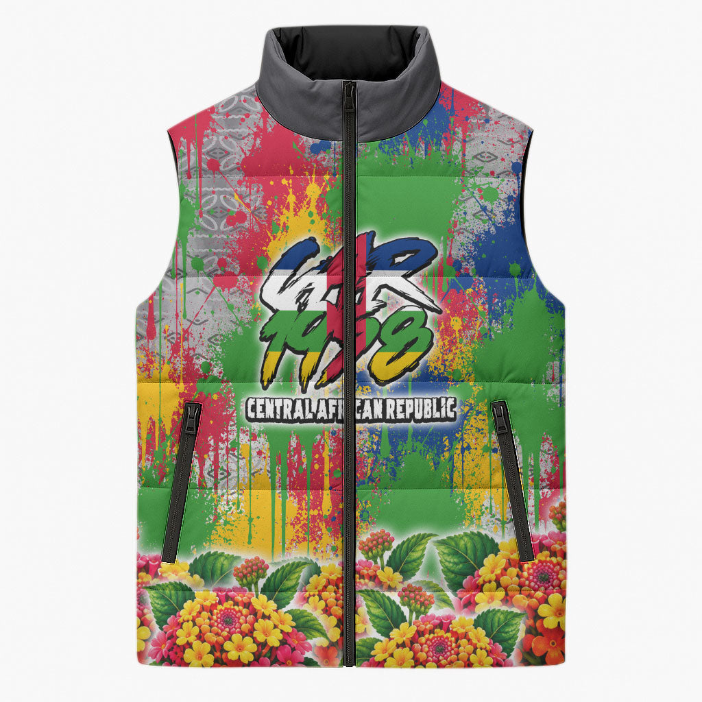 Central African Republic 1958 Sleeveless Puffer Jacket Leopard Colorful Paint Splatter Patriotic Flag