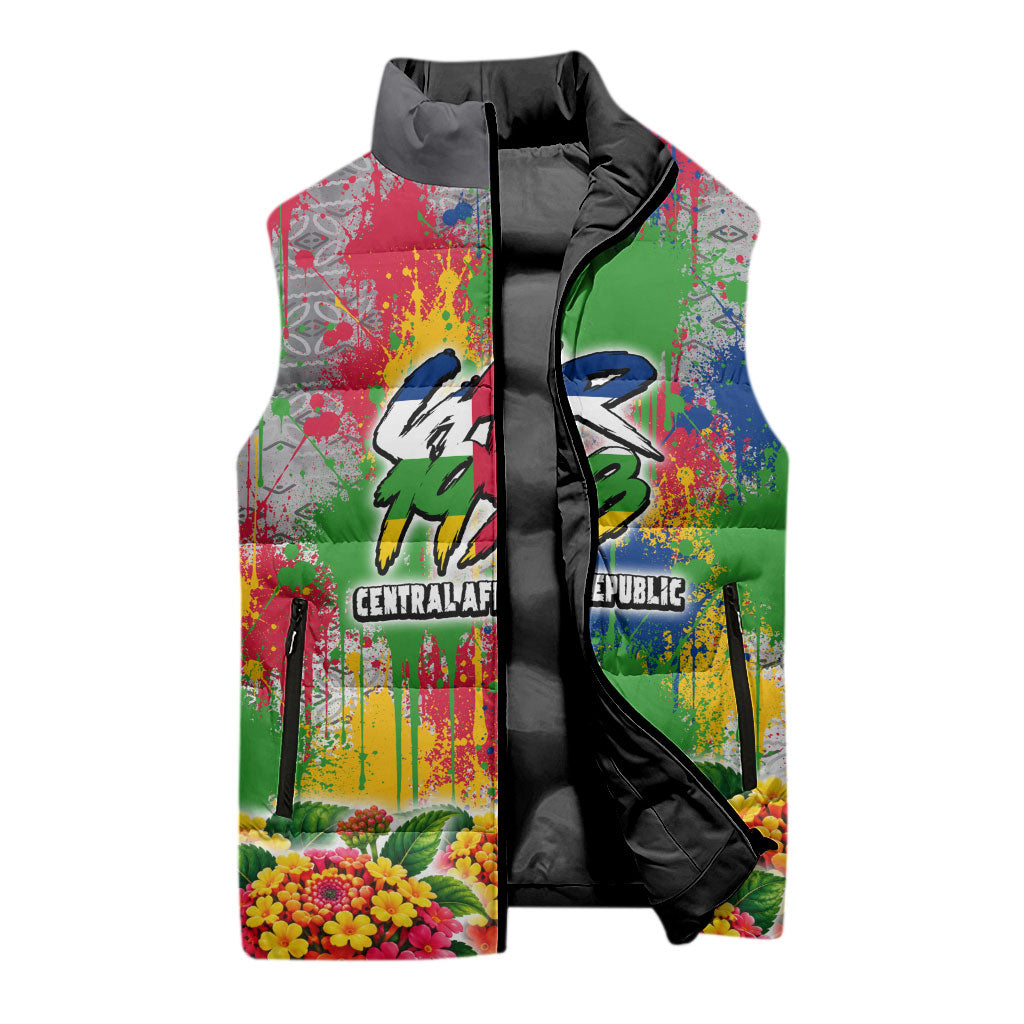 Central African Republic 1958 Sleeveless Puffer Jacket Leopard Colorful Paint Splatter Patriotic Flag
