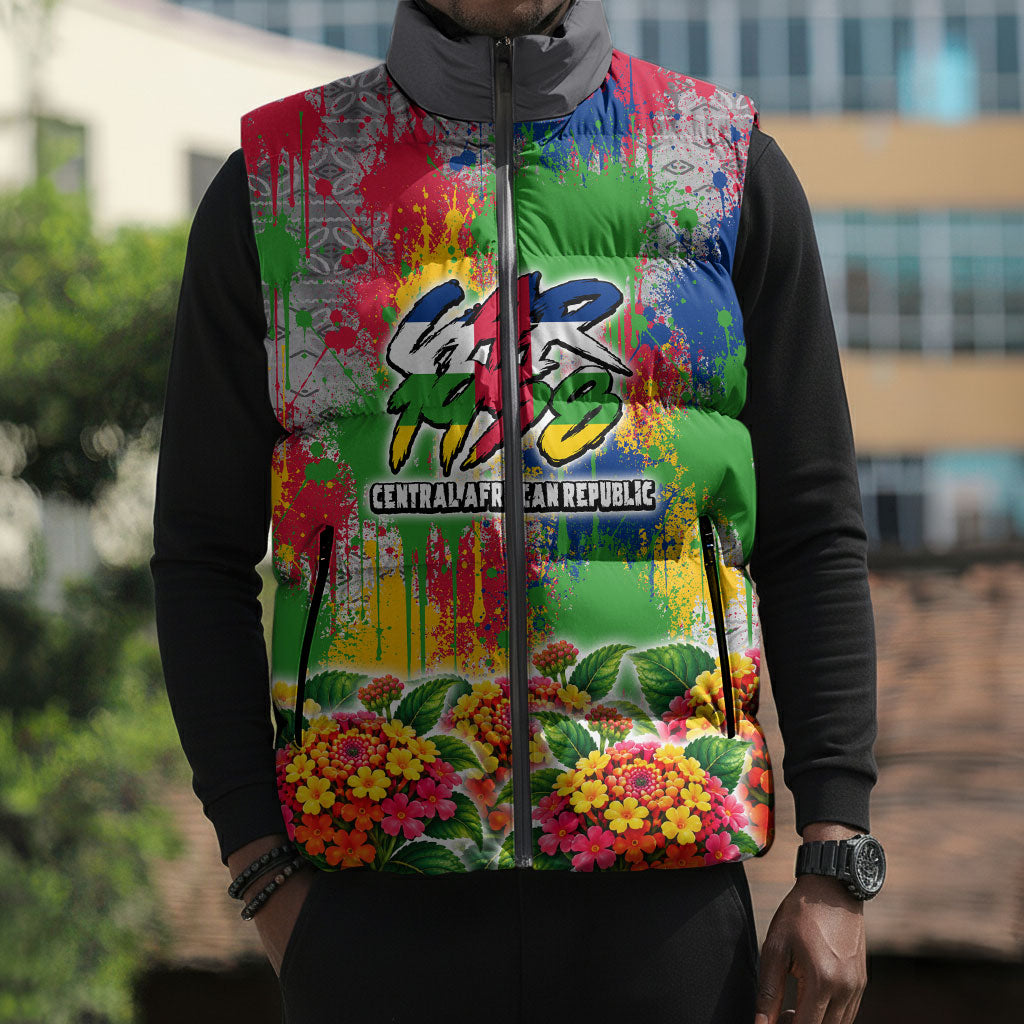 Central African Republic 1958 Sleeveless Puffer Jacket Leopard Colorful Paint Splatter Patriotic Flag