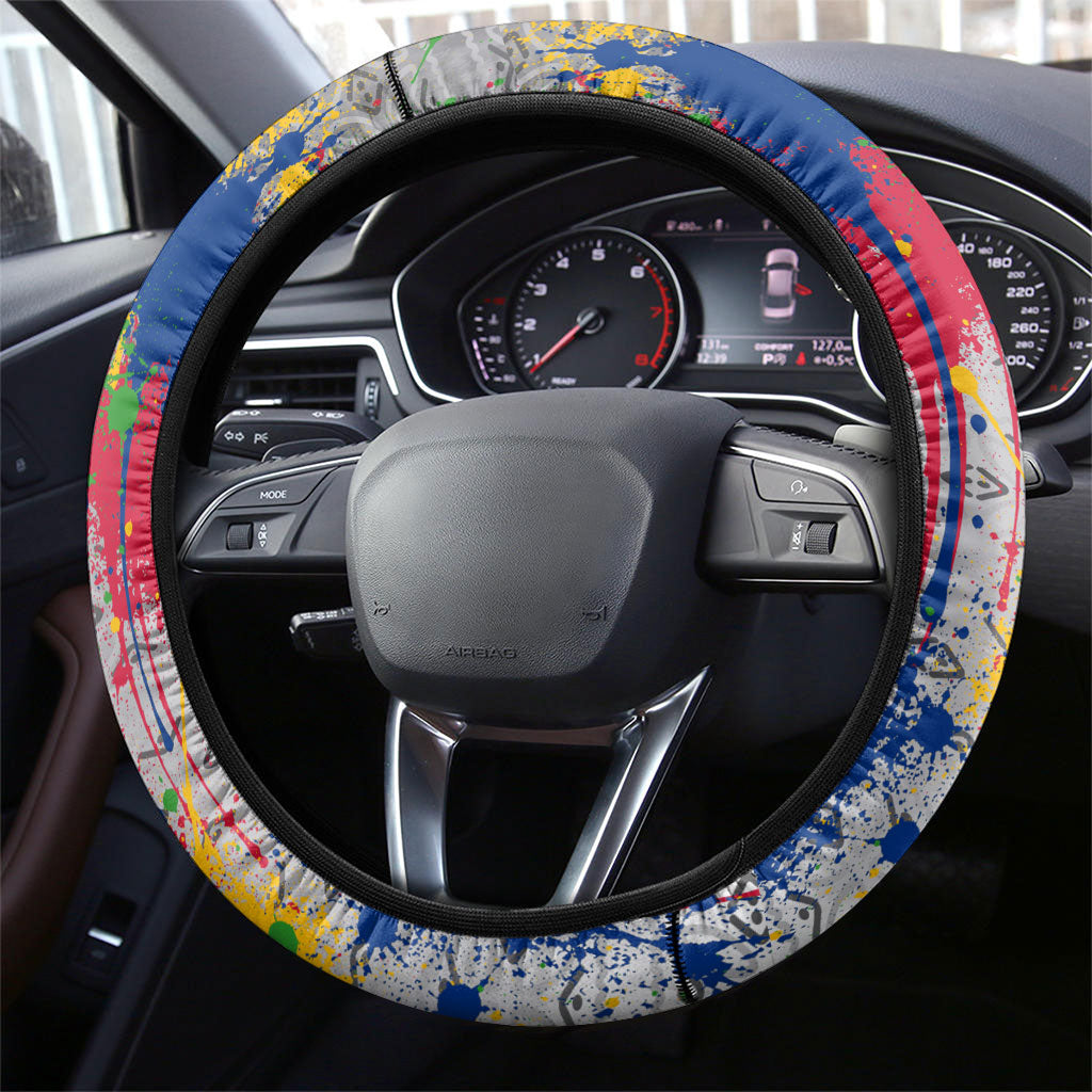 Central African Republic 1958 Steering Wheel Cover Leopard Colorful Paint Splatter Patriotic Flag
