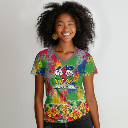 Central African Republic 1958 Women V-Neck T-Shirt Leopard Colorful Paint Splatter Patriotic Flag