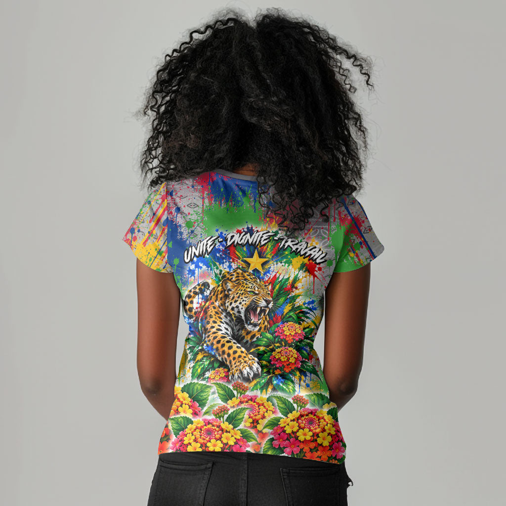 Central African Republic 1958 Women V-Neck T-Shirt Leopard Colorful Paint Splatter Patriotic Flag