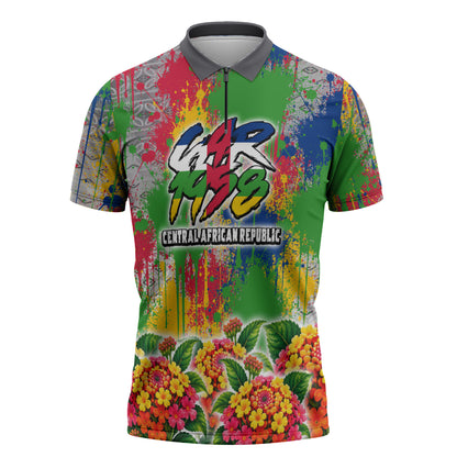 Central African Republic 1958 Zipper Polo Shirt Leopard Colorful Paint Splatter Patriotic Flag