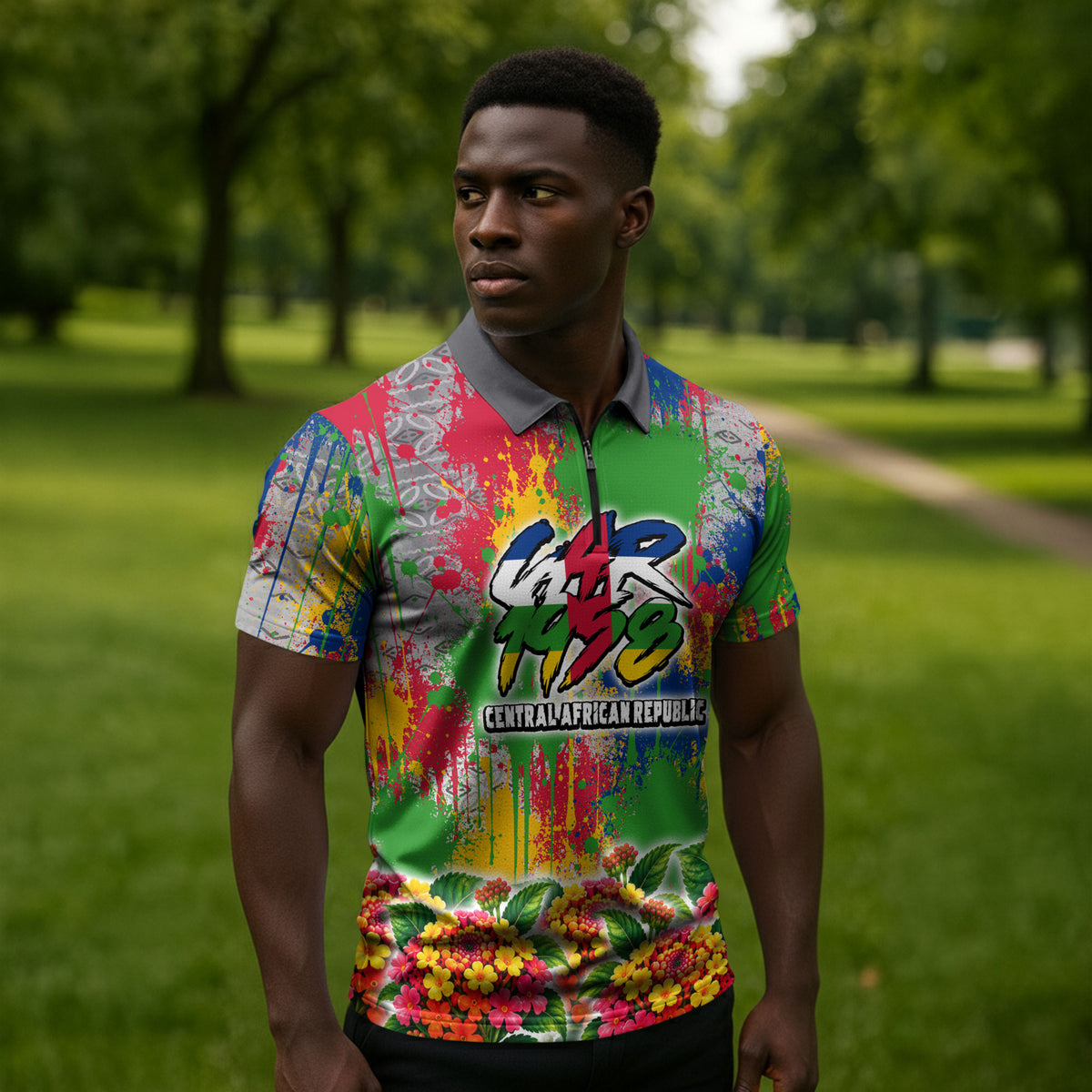 Central African Republic 1958 Zipper Polo Shirt Leopard Colorful Paint Splatter Patriotic Flag