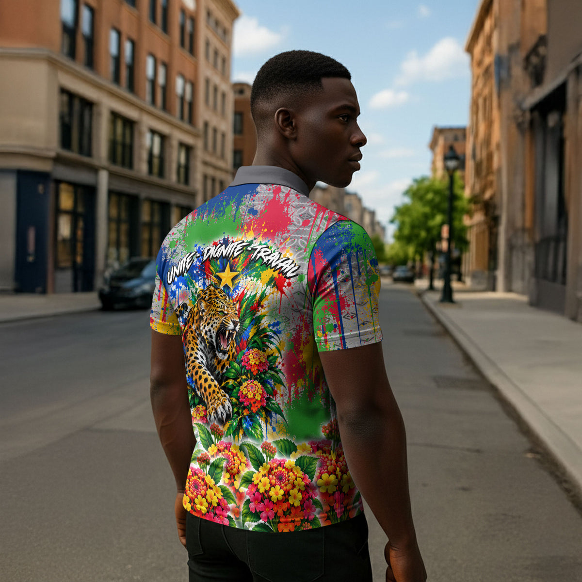 Central African Republic 1958 Zipper Polo Shirt Leopard Colorful Paint Splatter Patriotic Flag