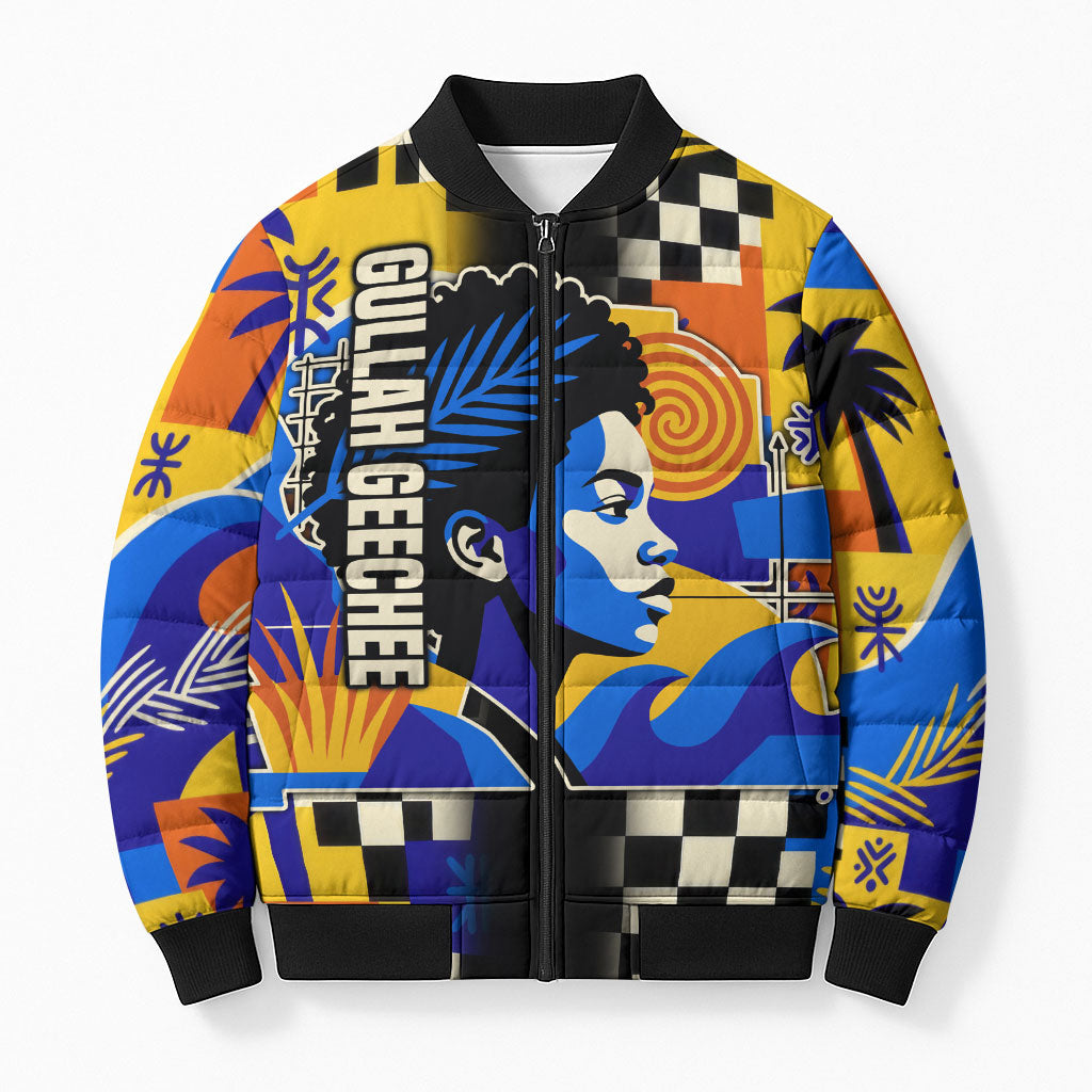 Gullah Geechee African American Bomber Puffer Jacket Black History Vibrant Abstract Coastal
