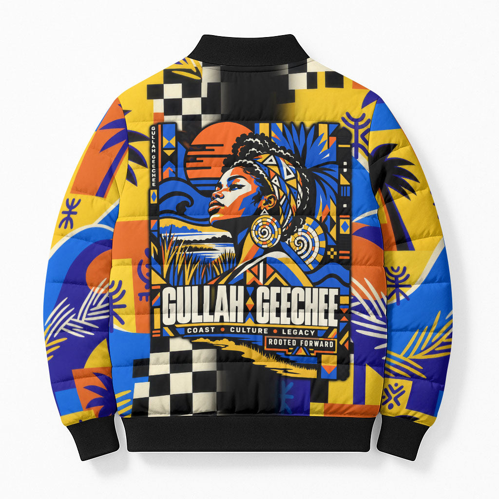 Gullah Geechee African American Bomber Puffer Jacket Black History Vibrant Abstract Coastal