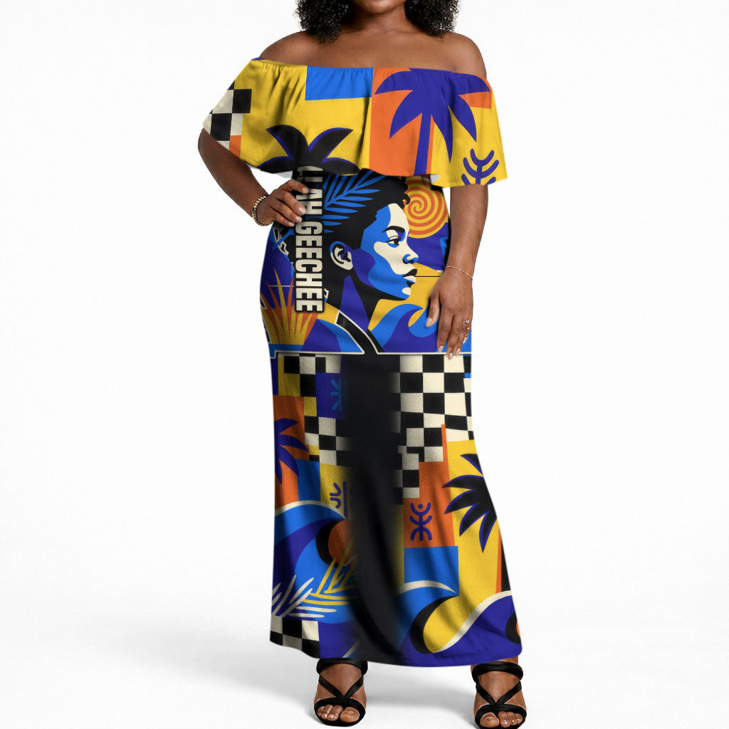 Gullah Geechee African American Off Shoulder Maxi Dress Black History Vibrant Abstract Coastal
