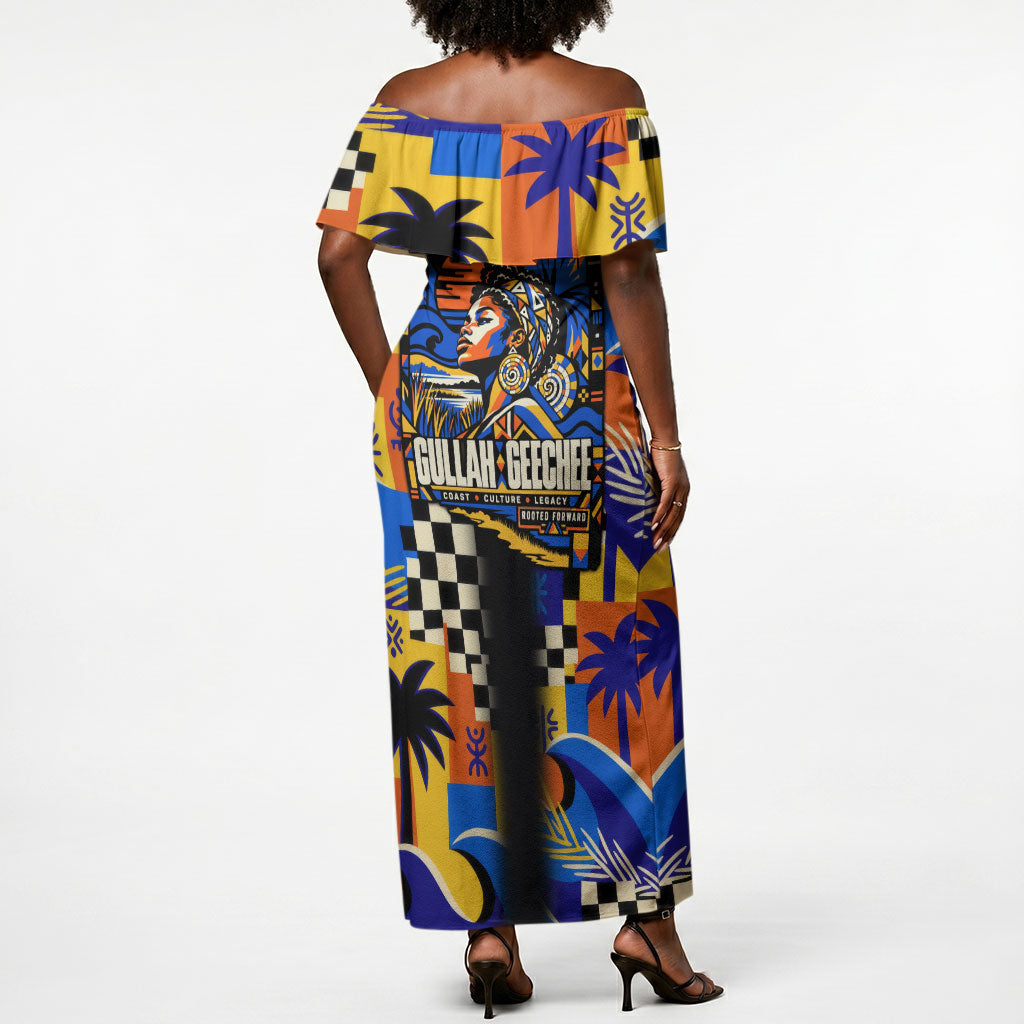 Gullah Geechee African American Off Shoulder Maxi Dress Black History Vibrant Abstract Coastal