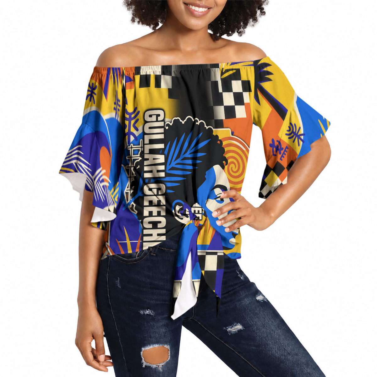 Gullah Geechee African American Off Shoulder Wrap Waist Top Black History Vibrant Abstract Coastal