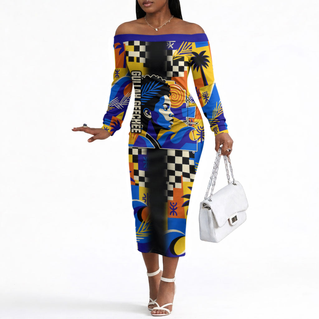 Gullah Geechee African American Off The Shoulder Long Sleeve Dress Black History Vibrant Abstract Coastal