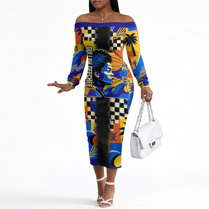 Gullah Geechee African American Off The Shoulder Long Sleeve Dress Black History Vibrant Abstract Coastal