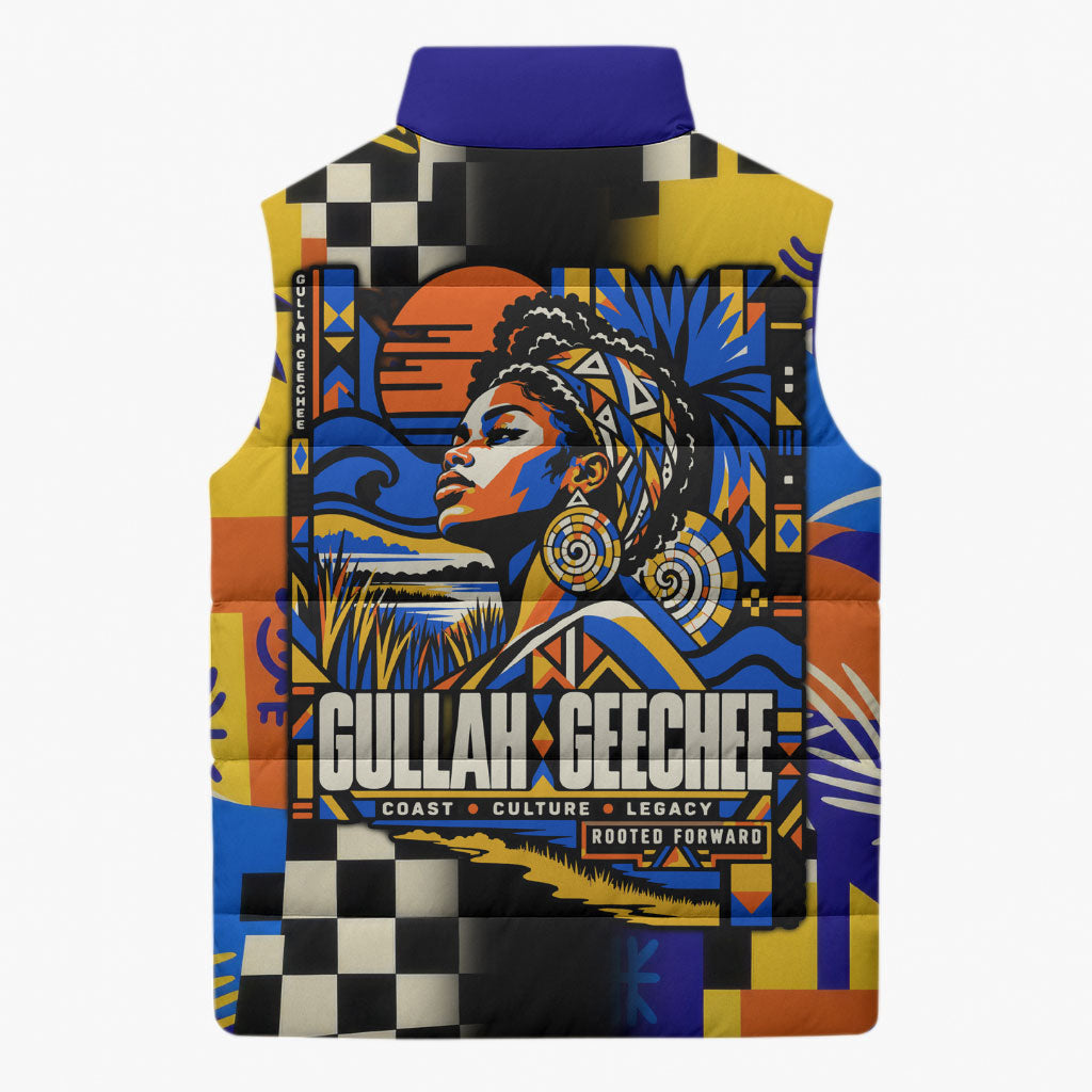 Gullah Geechee African American Sleeveless Puffer Jacket Black History Vibrant Abstract Coastal