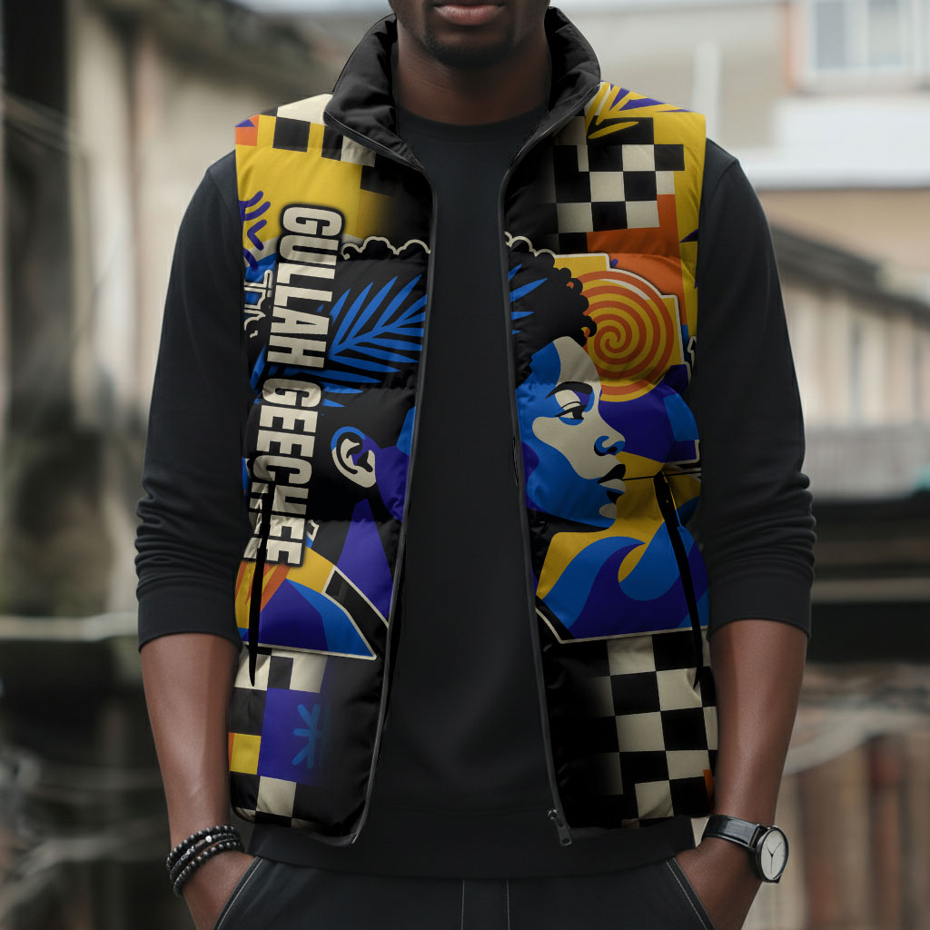 Gullah Geechee African American Sleeveless Puffer Jacket Black History Vibrant Abstract Coastal