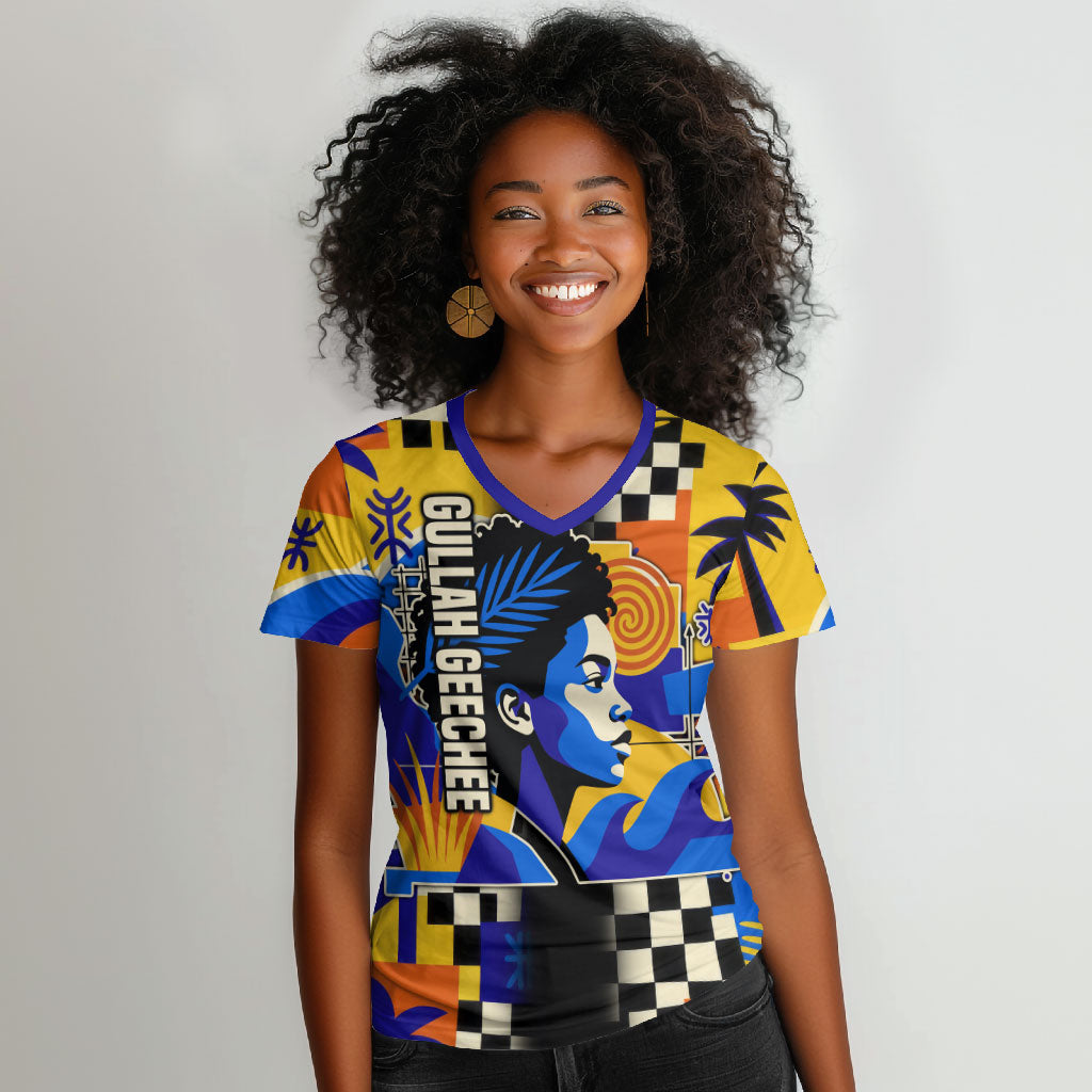 Gullah Geechee African American Women V-Neck T-Shirt Black History Vibrant Abstract Coastal