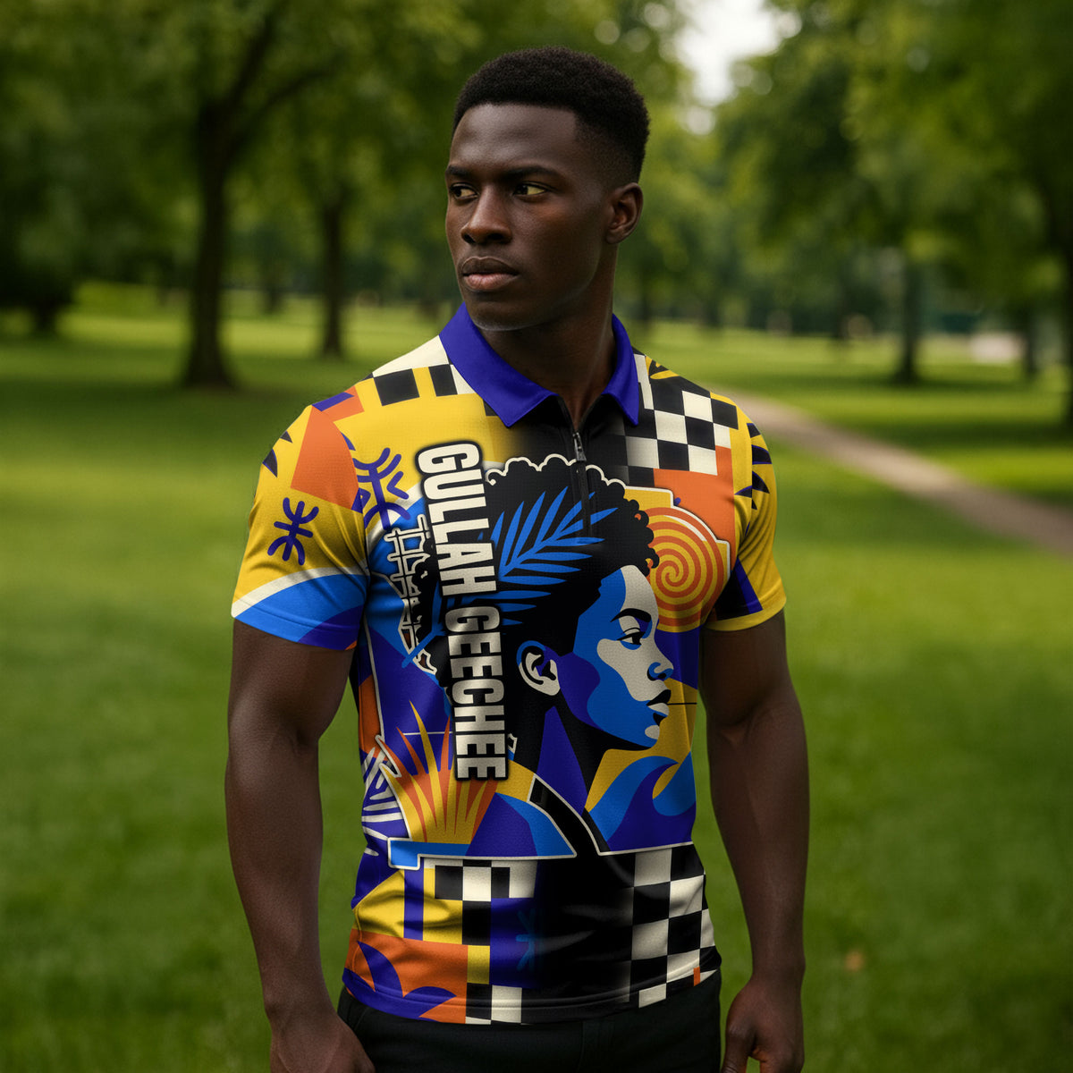 Gullah Geechee African American Zipper Polo Shirt Black History Vibrant Abstract Coastal