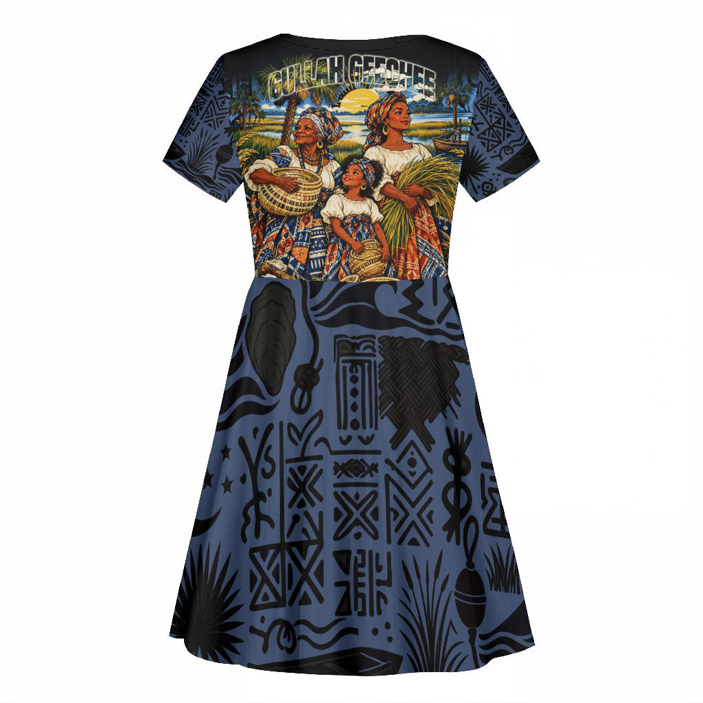 African American Gullah Geechee Kid Short Sleeve Dress African Diaspora Sweetgrass Basket Coastal