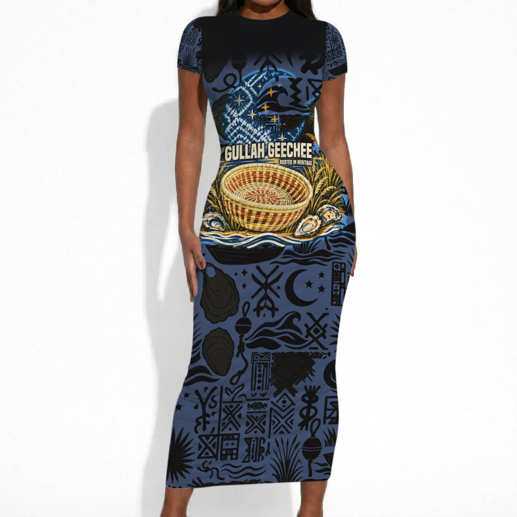 African American Gullah Geechee Short Sleeve Bodycon Dress African Diaspora Sweetgrass Basket Coastal