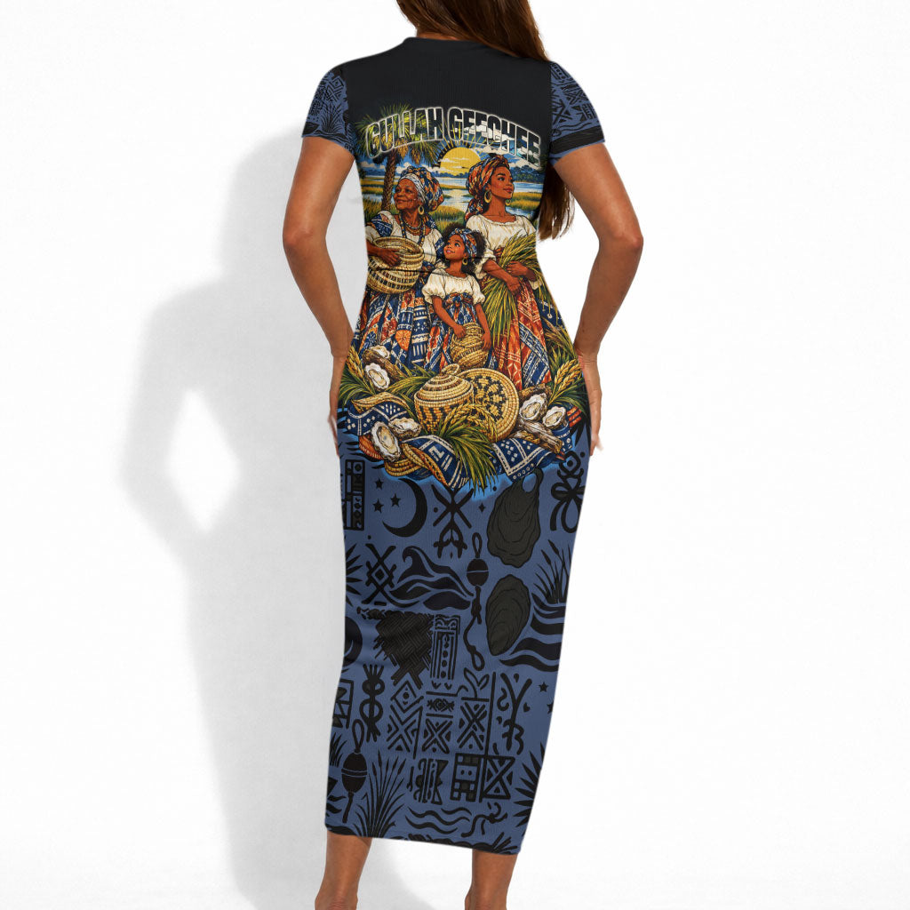 African American Gullah Geechee Short Sleeve Bodycon Dress African Diaspora Sweetgrass Basket Coastal