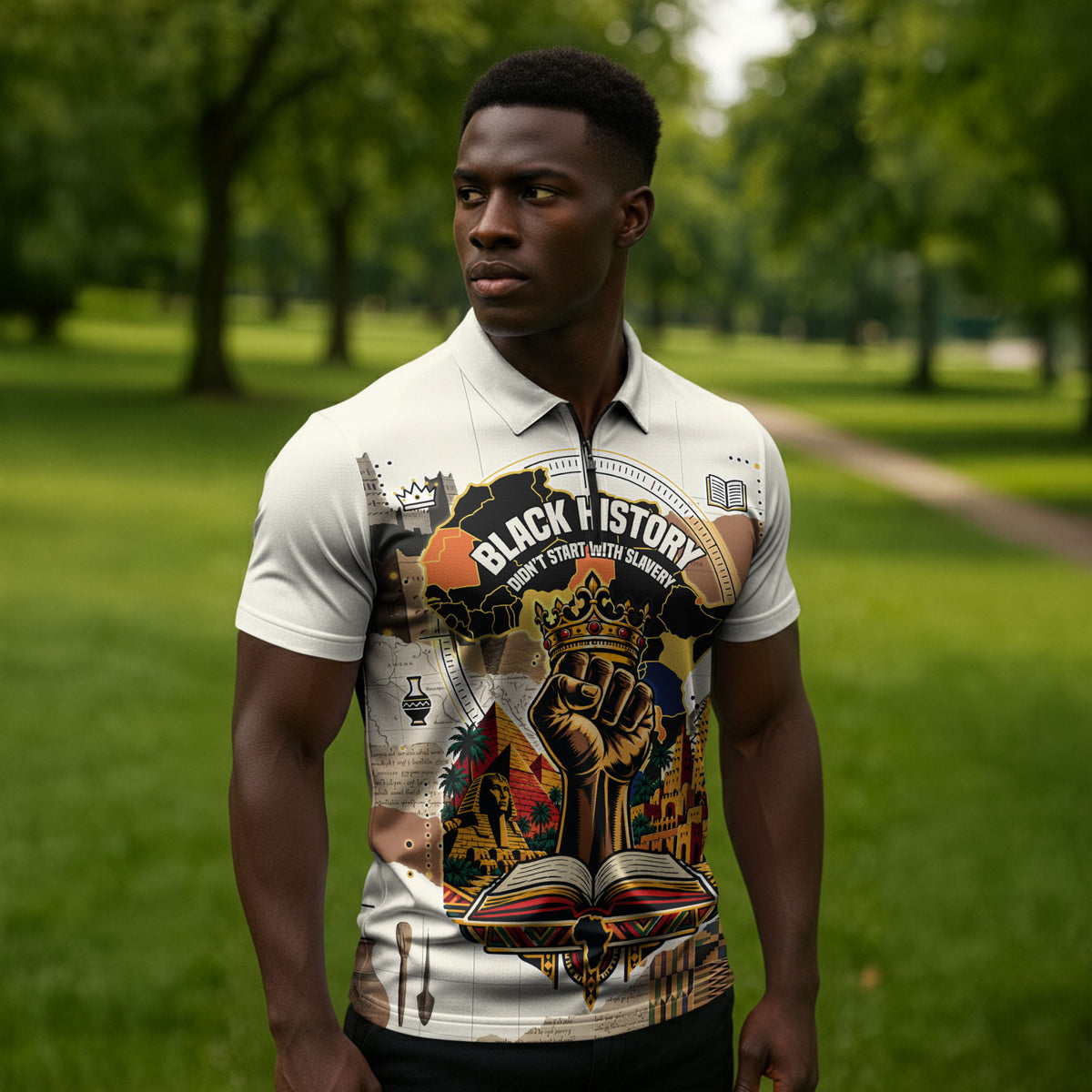 Black History Didn't Start With Slavery Zipper Polo Shirt African Heritage Ancient Egypt Civilizations