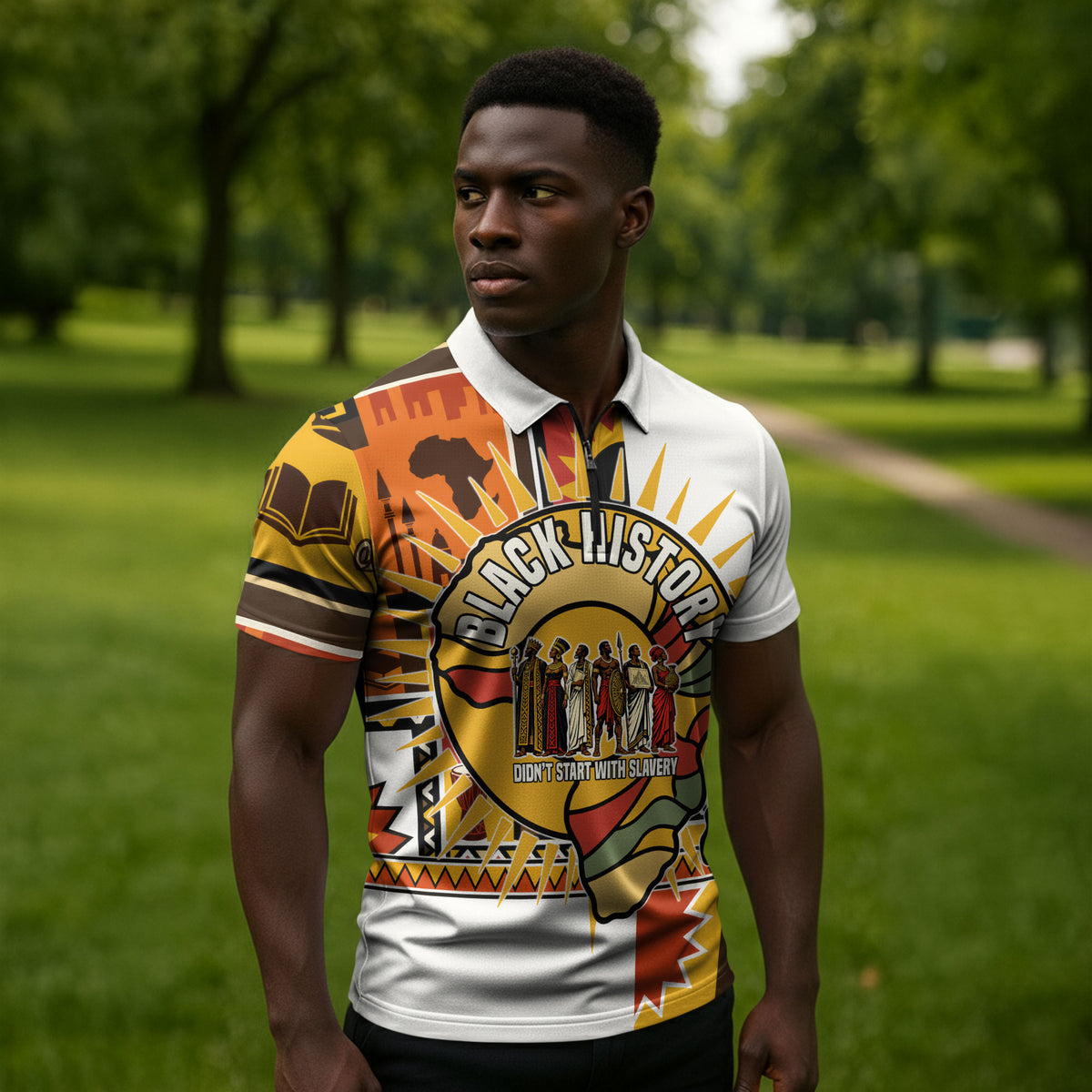 Black History Didn't Start With Slavery Zipper Polo Shirt Pan African Ancient Kings Queens