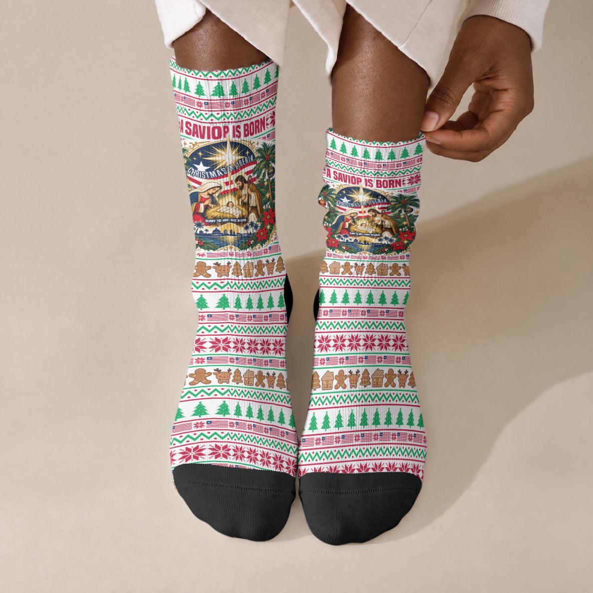 Liberia Jesus Christmas Crew Socks Vintage Patriotic Religious