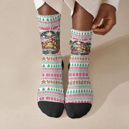 Liberia Jesus Christmas Crew Socks Vintage Patriotic Religious