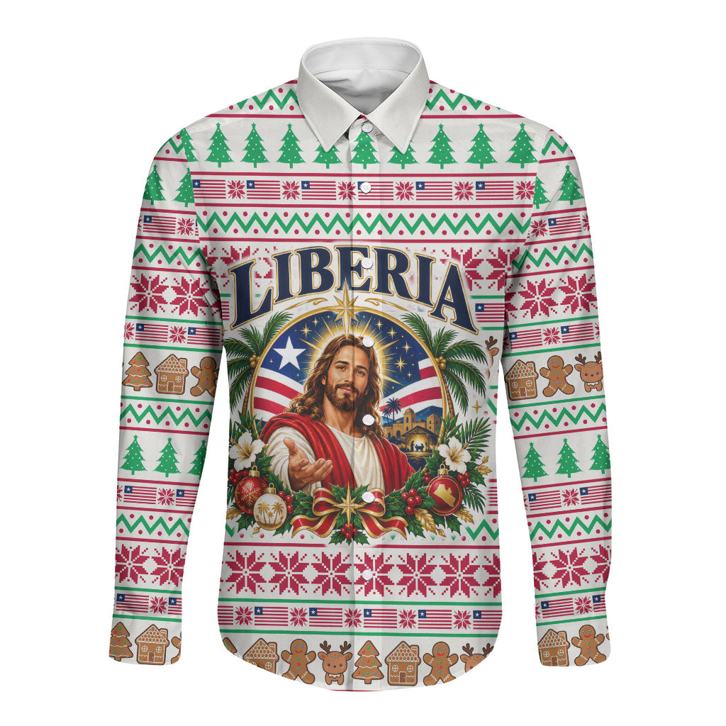 Liberia Jesus Christmas Long Sleeve Button Shirt Vintage Patriotic Religious