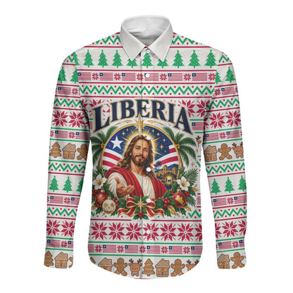Liberia Jesus Christmas Long Sleeve Button Shirt Vintage Patriotic Religious