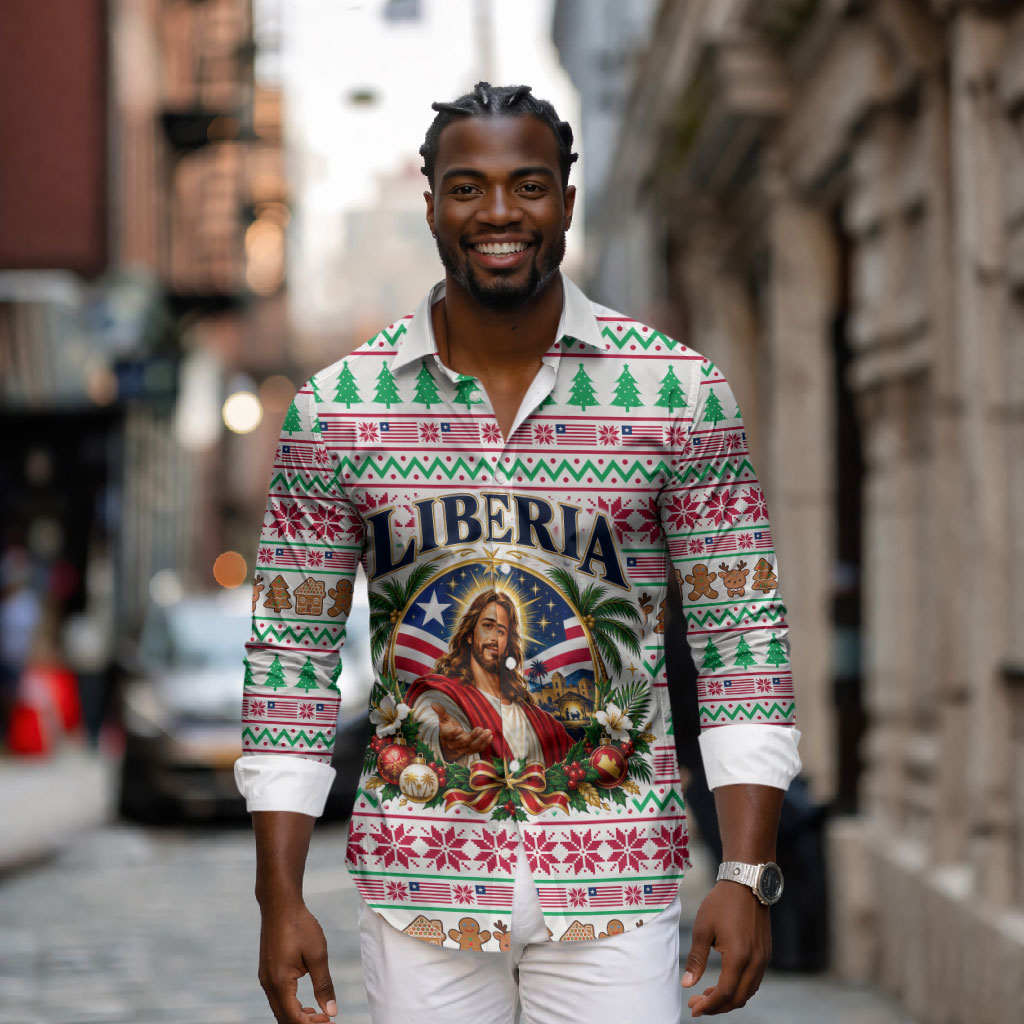 Liberia Jesus Christmas Long Sleeve Button Shirt Vintage Patriotic Religious