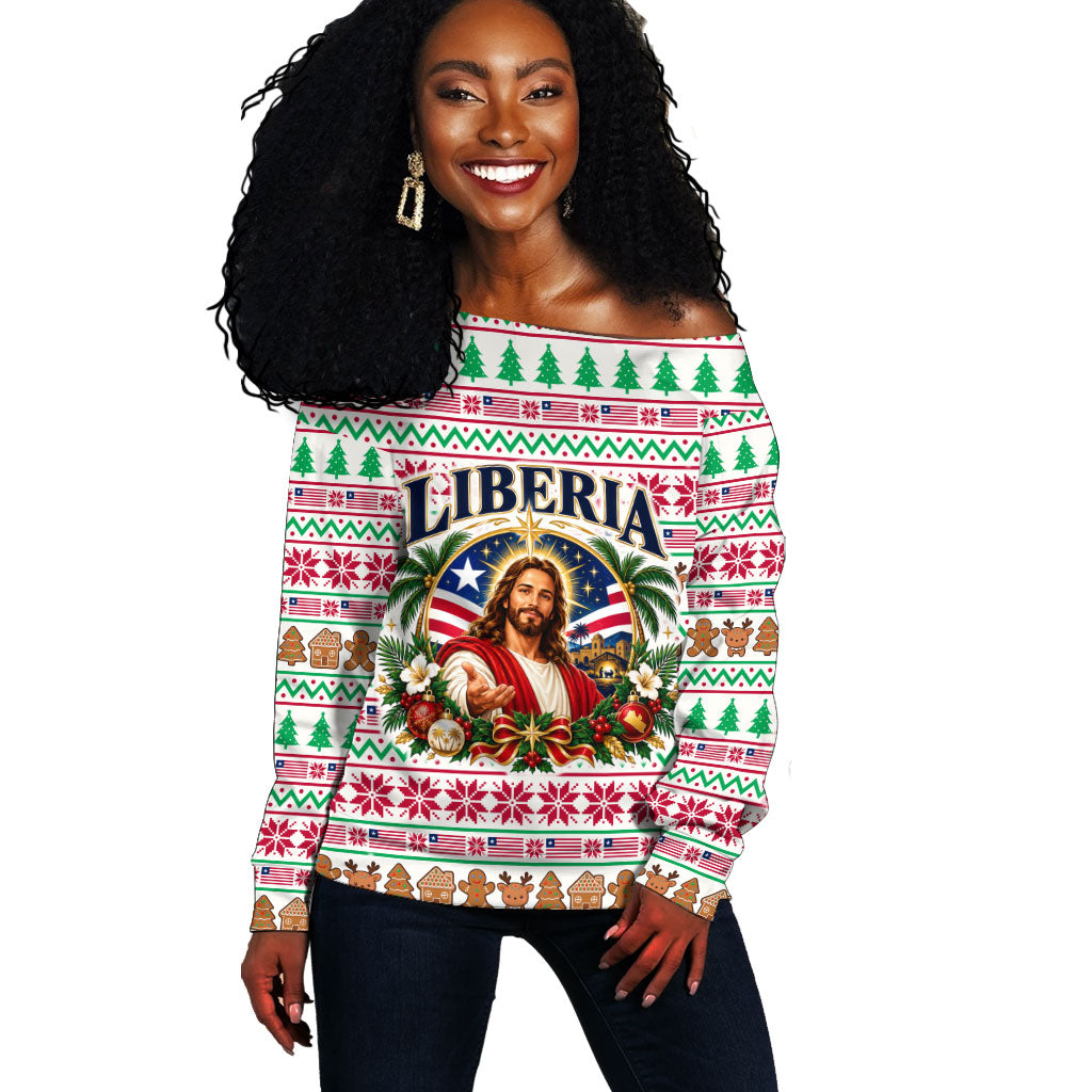 Liberia Jesus Christmas Off Shoulder Sweater Vintage Patriotic Religious