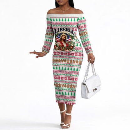 Liberia Jesus Christmas Off The Shoulder Long Sleeve Dress Vintage Patriotic Religious