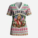 Liberia Jesus Christmas Scrub Top Vintage Patriotic Religious