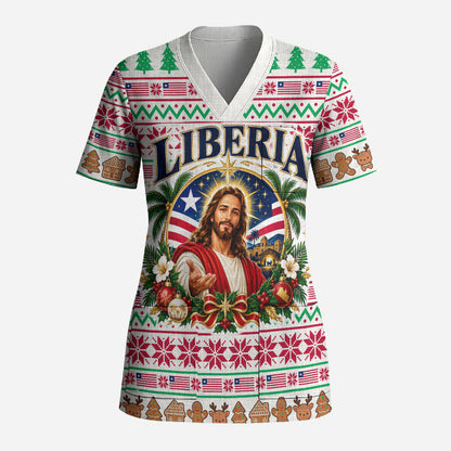 Liberia Jesus Christmas Scrub Top Vintage Patriotic Religious