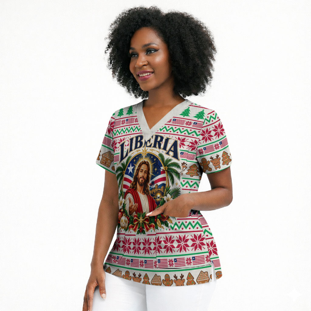Liberia Jesus Christmas Scrub Top Vintage Patriotic Religious