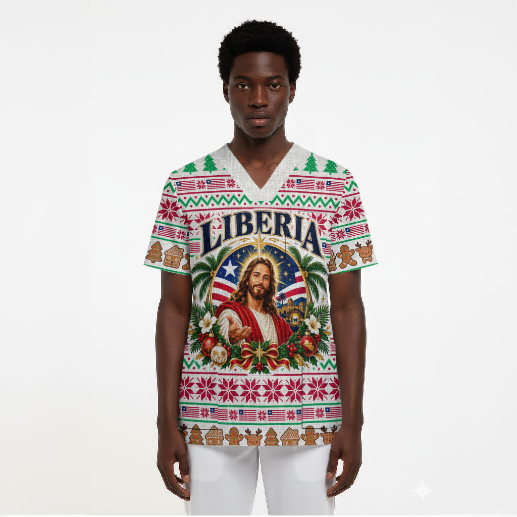 Liberia Jesus Christmas Scrub Top Vintage Patriotic Religious