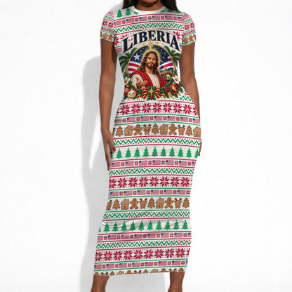 Liberia Jesus Christmas Short Sleeve Bodycon Dress Vintage Patriotic Religious