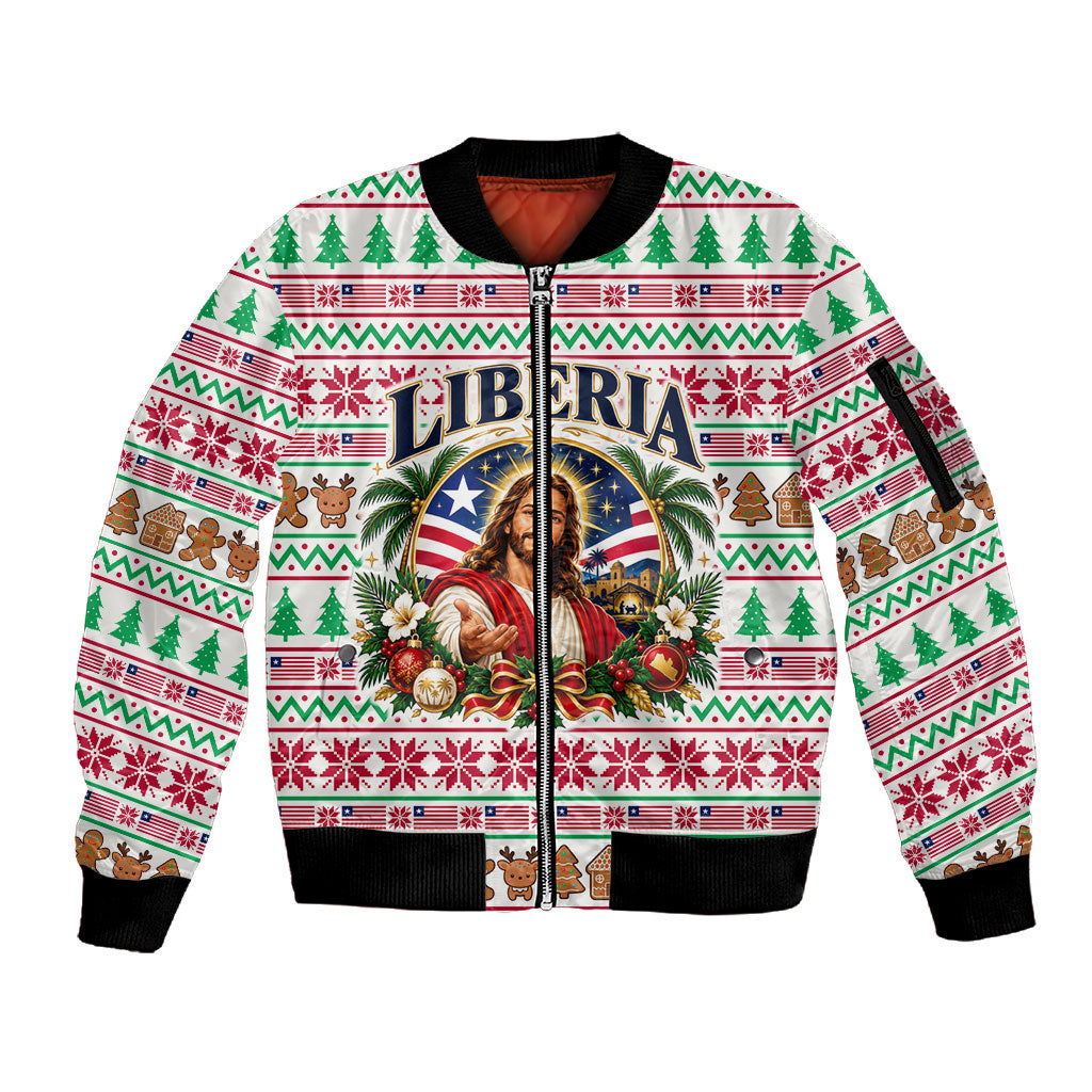 Liberia Jesus Christmas Sleeve Zip Bomber Jacket Vintage Patriotic Religious