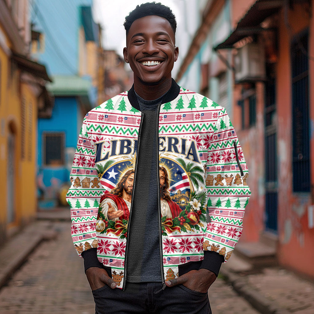 Liberia Jesus Christmas Sleeve Zip Bomber Jacket Vintage Patriotic Religious