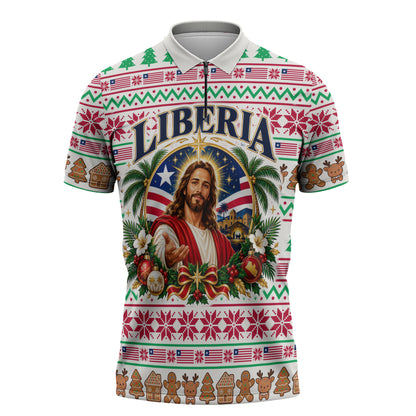 Liberia Jesus Christmas Zipper Polo Shirt Vintage Patriotic Religious