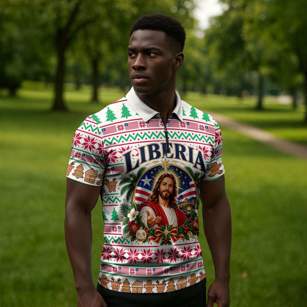 Liberia Jesus Christmas Zipper Polo Shirt Vintage Patriotic Religious