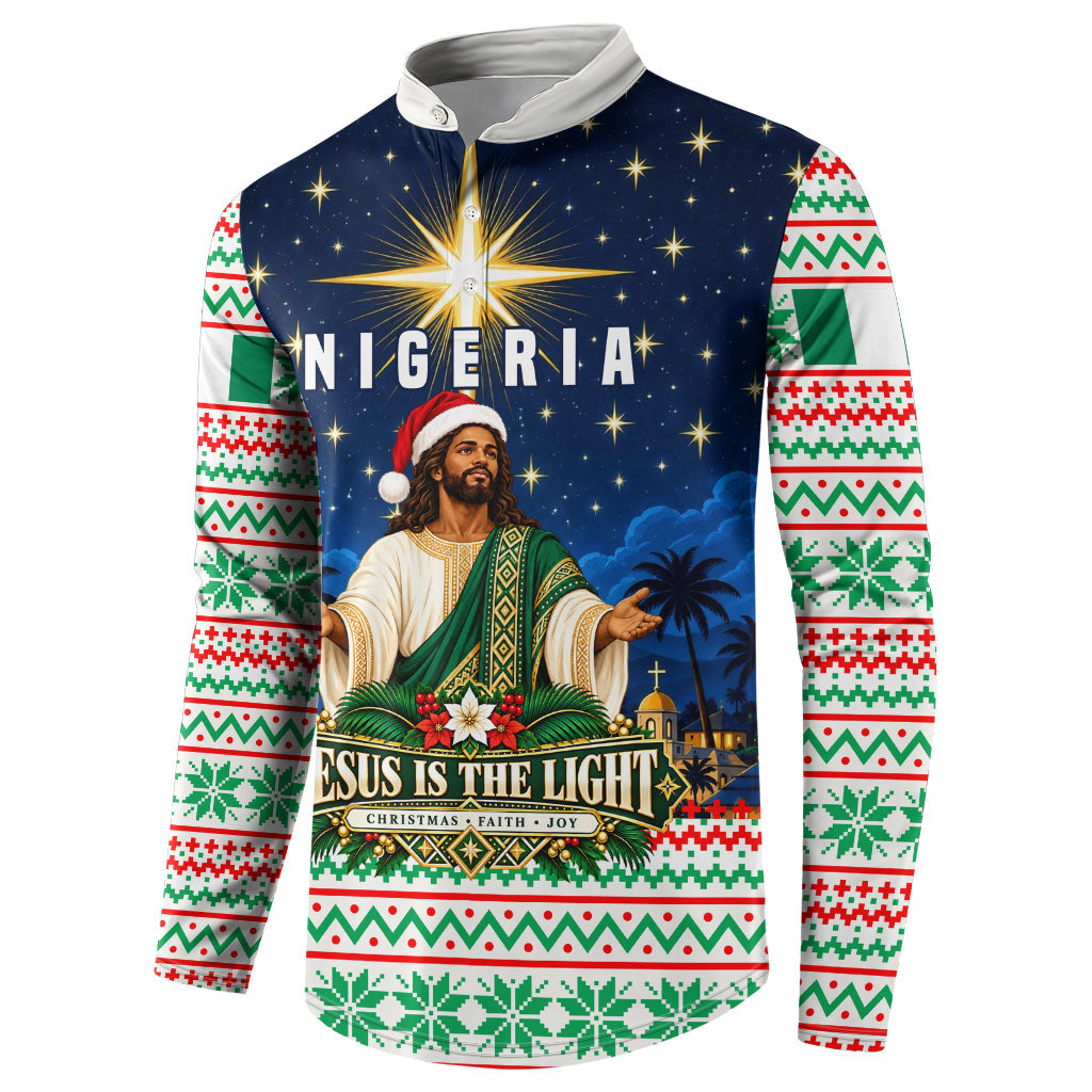 Nigeria Jesus Christmas Faith Light Button Sweatshirt Nigerian Flag Christmas Nativity Scene