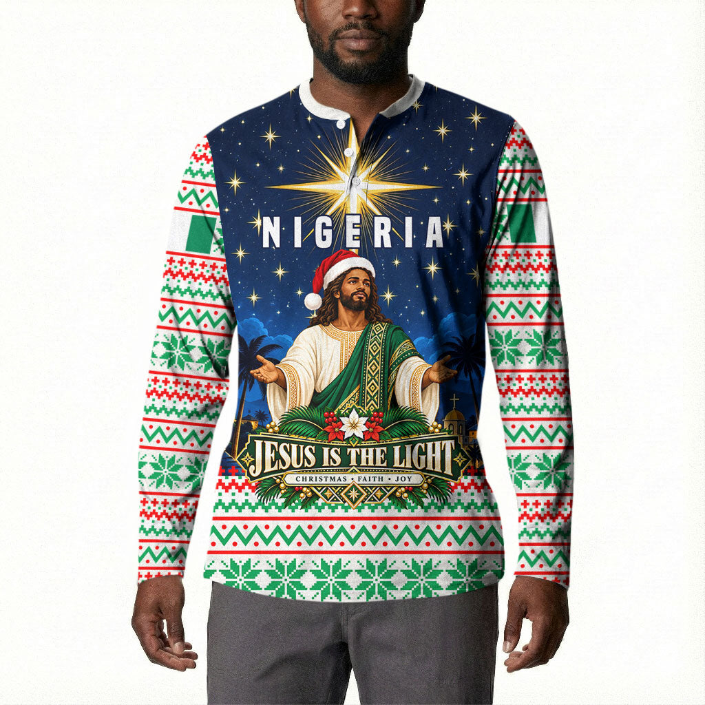 Nigeria Jesus Christmas Faith Light Button Sweatshirt Nigerian Flag Christmas Nativity Scene