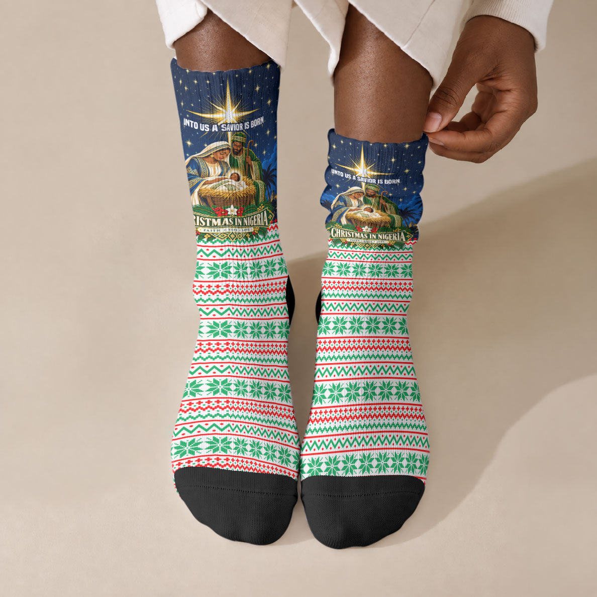 Nigeria Jesus Christmas Faith Light Crew Socks Nigerian Flag Christmas Nativity Scene